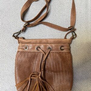 Roots Woven Leather Bucket Bag | Genuine Leather Crossbody | Brown Tassel